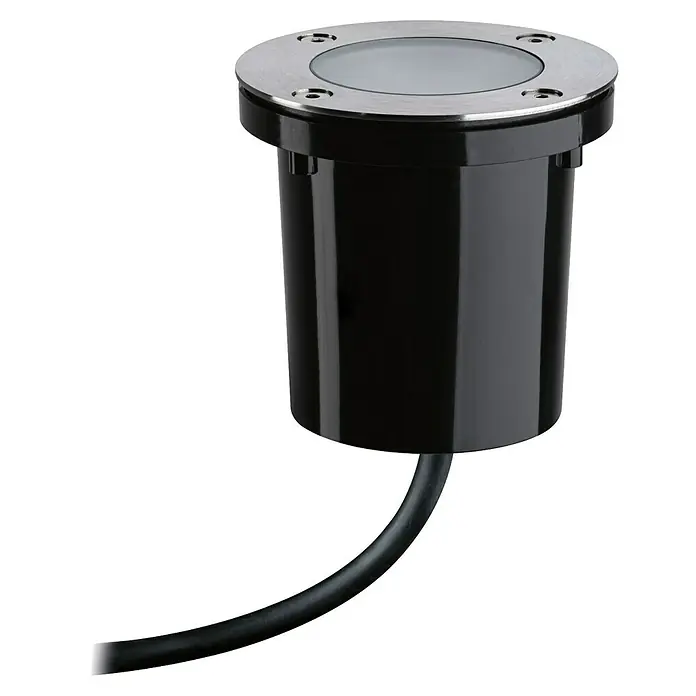 Paulmann Plug & Shine Bodeneinbauleuchte - 4,6 W, Ø x H: 9,8 x 9,5 cm - Nahaufnahme einer schwarzen Bodeneinbauleuchte mit silbernem Rahmen und Kabel, ideal für Außenbereiche.