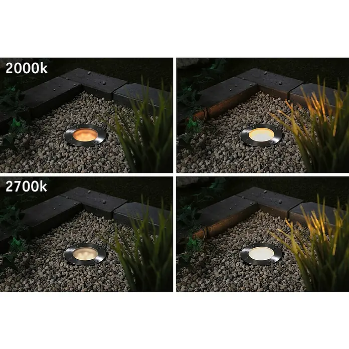 Paulmann Plug & Shine Bodeneinbauleuchte - 4,6 W, Ø x H: 9,8 x 9,5 cm - Vergleich von 2000K und 2700K Bodenleuchten. Helle Edelstahllampen erhellen Kies und Pflanzen.