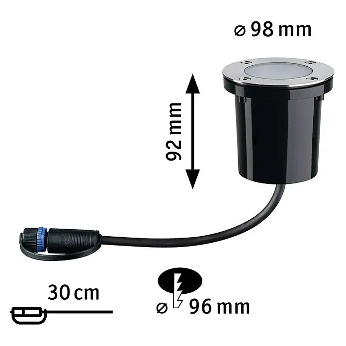 Paulmann Plug & Shine Bodeneinbauleuchte - 4,6 W, Ø x H: 9,8 x 9,5 cm - Produktansicht: Schwarze Bodeneinbauleuchte mit Maßangaben zu Durchmesser, Höhe und Kabellänge für den Außenbereich.