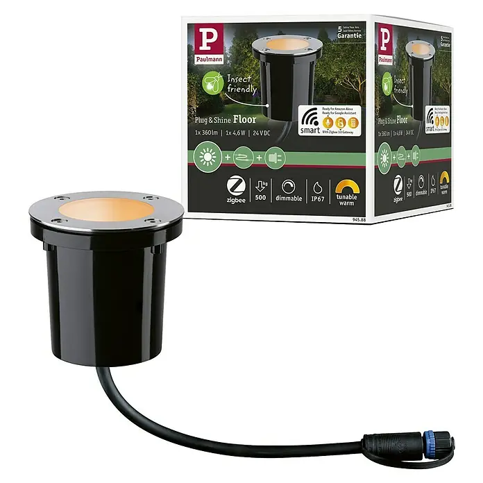 Paulmann Plug & Shine Bodeneinbauleuchte - 4,6 W, Ø x H: 9,8 x 9,5 cm - Das Paulmann Plug & Shine Bodeneinbauleuchte-Set, ideal für den Außenbereich, mit warmweißem Licht und Insektenschutz.