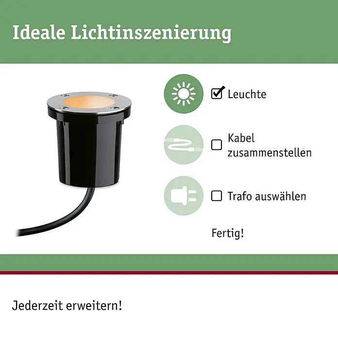 Paulmann Plug & Shine Bodeneinbauleuchte - 4,6 W, Ø x H: 9,8 x 9,5 cm - Produktbild einer Bodeneinbauleuchte zur idealen Lichtinszenierung mit einfacher Installation in wenigen Schritten.