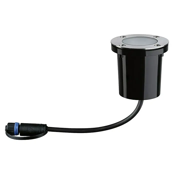 Paulmann Plug & Shine Bodeneinbauleuchte - 4,6 W, Ø x H: 9,8 x 9,5 cm - Bodeneinbauleuchte mit Anschlusskabel. Die Leuchte hat eine runde, silberne Blende und einen schwarzen Korpus.