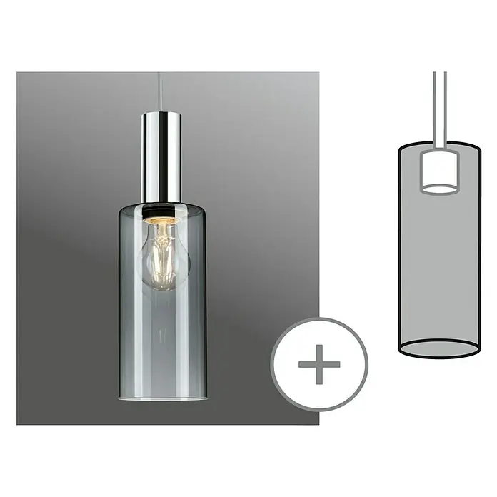 Paulmann URail Lampenschirm Raja - Ø x H: 10 x 21 cm, Rauchglas, E27, Glas - Nahaufnahme einer modernen Pendelleuchte mit einem klaren Glasschirm und einer glänzenden Chromaufhängung. Eine elegante Beleuchtungslösung für jeden Raum.