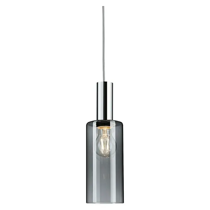 Paulmann URail Lampenschirm Raja - Ø x H: 10 x 21 cm, Rauchglas, E27, Glas - Eine moderne Hängelampe mit einem zylindrischen Glasschirm und einem schlanken, verchromten Aufhänger. Das Licht ist warm und einladend.