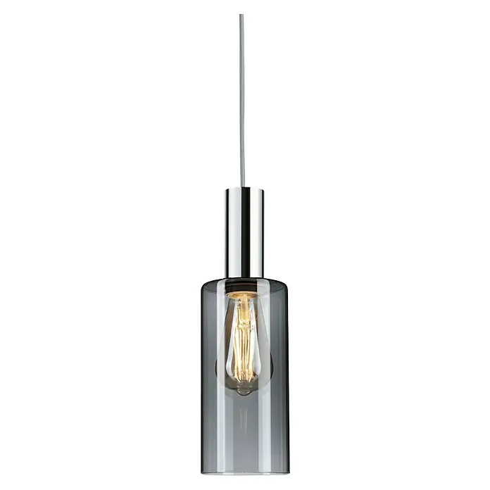 Paulmann URail Lampenschirm Raja - Ø x H: 10 x 21 cm, Rauchglas, E27, Glas - Nahaufnahme einer modernen Pendelleuchte mit transparentem Glasschirm und einer dekorativen Glühbirne, die ein warmes Licht ausstrahlt.