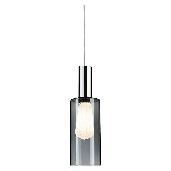 Paulmann URail Lampenschirm Raja - Ø x H: 10 x 21 cm, Rauchglas, E27, Glas - Eine moderne Pendelleuchte mit einem klaren Glaszylinder und einem glänzenden Chromaufsatz, die ein warmes Licht ausstrahlt.