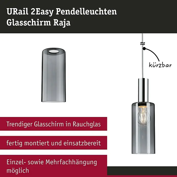 Paulmann URail Lampenschirm Raja - Ø x H: 10 x 21 cm, Rauchglas, E27, Glas - Produktabbildung einer URail 2Easy Pendelleuchte mit Glasschirm Raja. Das Design ist modern und die Lampe ist in Rauchglas gehalten. Sie ist sofort einsatzbereit.