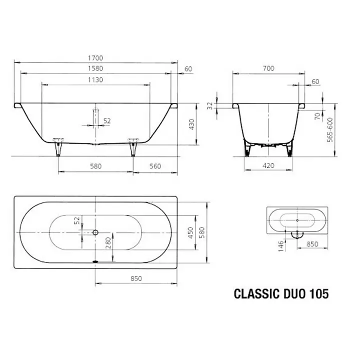 Kaldewei Badewanne Classic Duo 105 - 170 x 70 cm, Stahl-Email, Alpinweiß - Technische Zeichnung der Badewanne CLASSIC DUO 105 mit Abmessungen für Installationsdetails.