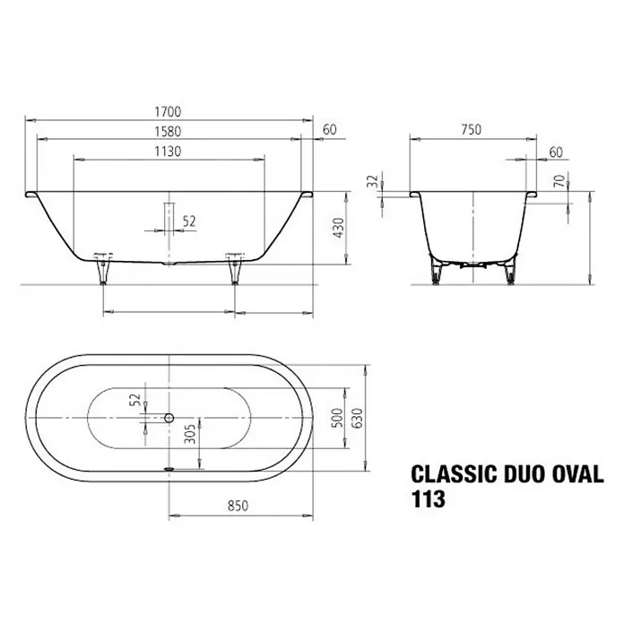 Kaldewei Badewanne Classic Duo Oval 113 - 170 x 75 cm, Stahl-Email, Alpinweiß - Technische Zeichnung eines CLASSIC DUO OVAL 113 Badewanne mit Maßen.