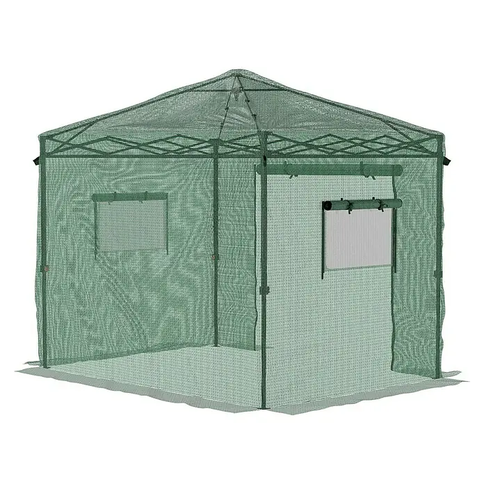 Gardol Folien-Gewächshaus Pop-Up - 240 x 180 x 245 cm, Metall, Kunststoff - Das Bild zeigt ein grünes Tarnzelt mit zwei Fenstern und einem pyramidenförmigen Dach, ideal für Outdoor-Aktivitäten wie Jagd oder Camping.