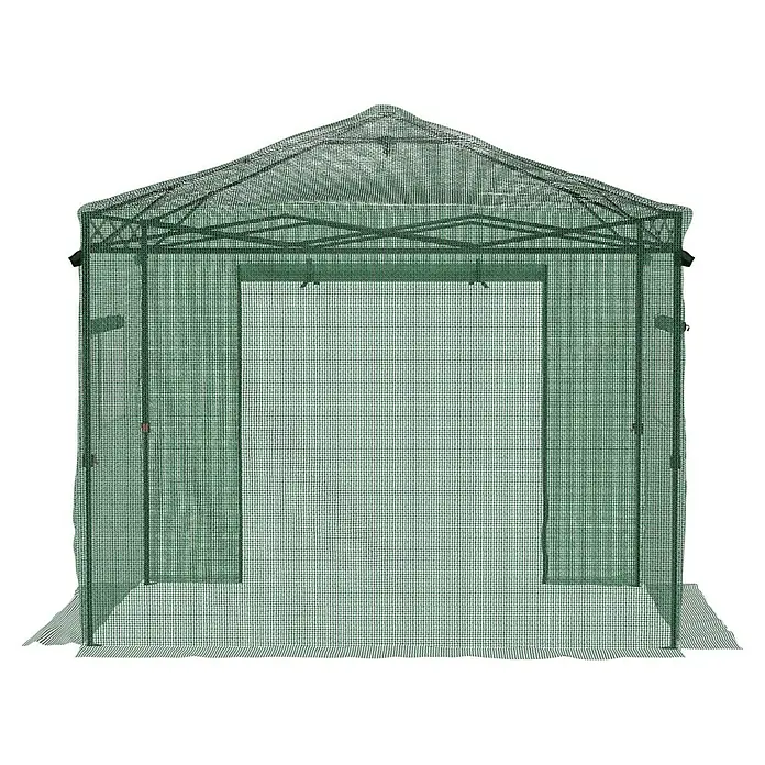 Gardol Folien-Gewächshaus Pop-Up - 240 x 180 x 245 cm, Metall, Kunststoff - Ein grünes Gewächshaus mit spitzem Dach vor einem schwarzen Hintergrund. Ideal für den Garten.