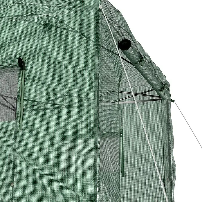 Gardol Folien-Gewächshaus Pop-Up - 240 x 180 x 245 cm, Metall, Kunststoff - Nahaufnahme eines Gewächshauses mit grüner Plane, Fenster und offenem Eingang. Das Gewächshaus hat ein Metallgestell und Seile zur Stabilisierung.