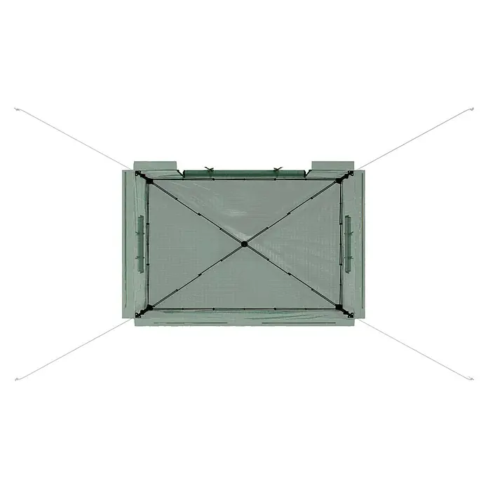 Gardol Folien-Gewächshaus Pop-Up - 240 x 180 x 245 cm, Metall, Kunststoff - Ansicht von oben des wasserdichten, tragbaren und zusammenklappbaren grünen Gartenpavillons mit Befestigungsseilen für den Außenbereich.