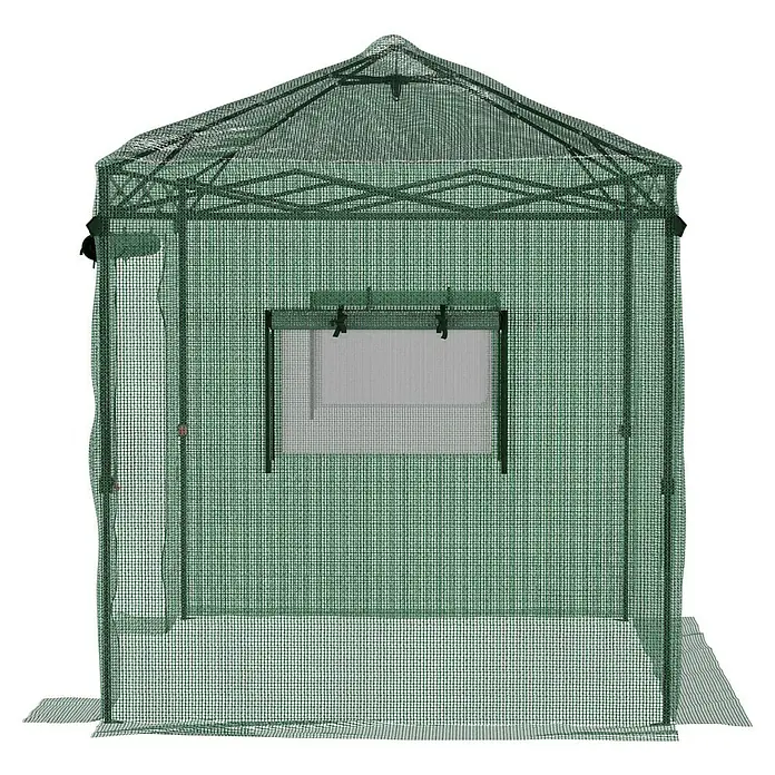 Gardol Folien-Gewächshaus Pop-Up - 240 x 180 x 245 cm, Metall, Kunststoff - Das Bild zeigt ein grünes Gewächshaus mit einem Fenster, das mit einem Netzgitter bedeckt ist, um Pflanzen vor Schädlingen zu schützen.