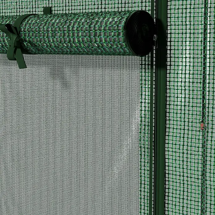 Gardol Folien-Gewächshaus Pop-Up - 240 x 180 x 245 cm, Metall, Kunststoff - Detailansicht eines grünen Sichtschutzrollos mit Gitterstruktur. Ideal für Garten, Balkon oder Terrasse als Wind- und Blickschutz.