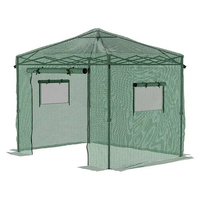 Gardol Folien-Gewächshaus Pop-Up - 240 x 180 x 245 cm, Metall, Kunststoff - Das Bild zeigt ein grünes Gewächshaus mit einem Eingang und Fenstern. Es ist für den Garten konzipiert und bietet Schutz für Pflanzen.