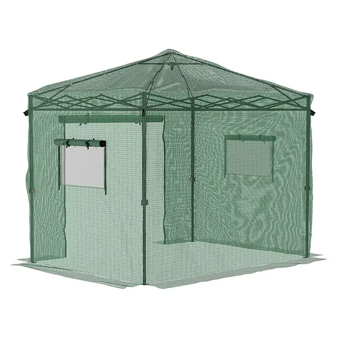 Gardol Folien-Gewächshaus Pop-Up - 240 x 180 x 245 cm, Metall, Kunststoff - Eine grüne tragbare Jagdhütte mit kleinen Fenstern. Diese Jagdhütte bietet Schutz und Tarnung für Jäger in der Natur.