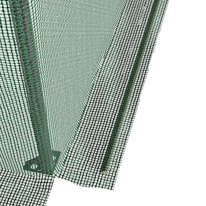 Gardol Folien-Gewächshaus Pop-Up - 240 x 180 x 245 cm, Metall, Kunststoff - Nahaufnahme eines grünen Schattierungsnetzes mit dunklem Hintergrund, ideal für den Gartenbau oder als Schattenspender.