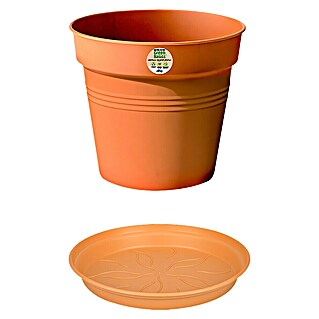 Elho Green Basics Maceta para planta + plato redondo (Dimensiones externas (Ø x Al): 30 x 28 cm, Plástico, Terracota)