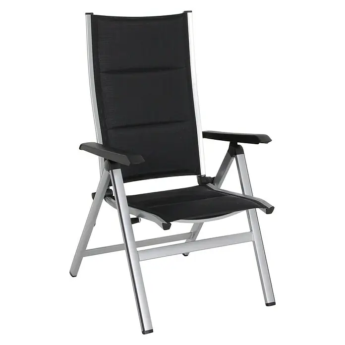 MWH Sillón de posiciones Futosa - 62 x 67,5 x 111 cm, Gris/Blanco, Aluminio/Textiline, Respaldo regulable - Imagen de una silla de camping ajustable de respaldo alto con estructura plateada y asiento y respaldo de tela negra.