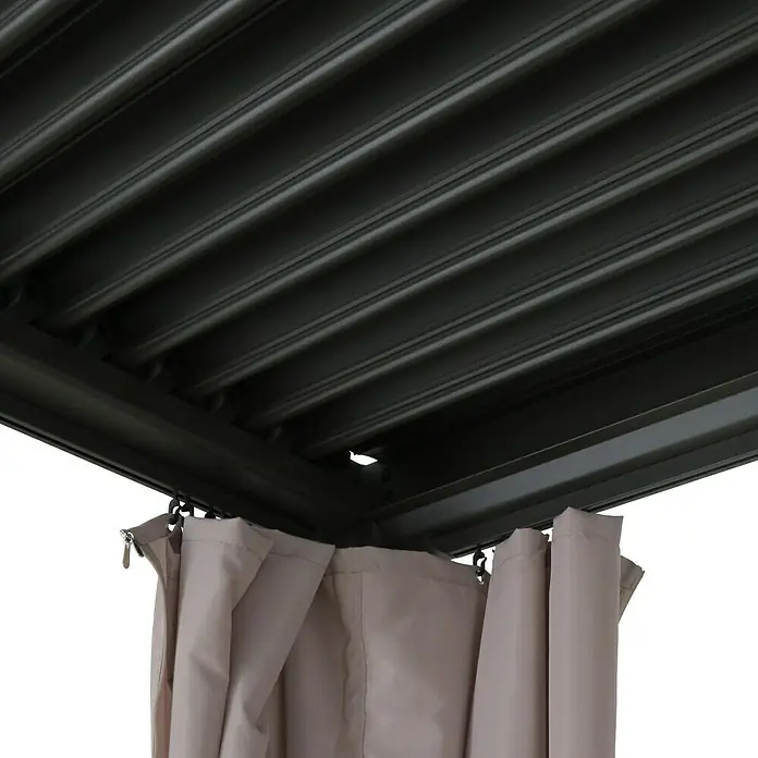 Sunfun Pérgola estándar Palma - An x Pr: 300 x 540 cm, Color del armazón: Antracita, Aluminio - Vista detallada de una construcción robusta de gazebo con cortinas, perfecta para uso en exteriores y proporcionar privacidad y sombra.