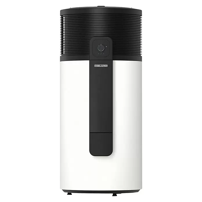 Stiebel Eltron Warmwasser-Wärmepumpe WWK-I 200 Plus - Heizleistung: 1,845 W, Fassungsvermögen: 200 l - Weiß-schwarze zylindrische Stiebel Eltron Wärmepumpe mit gerippter schwarzer Oberseite und zentralem Bedienfeld.