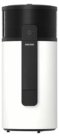 Stiebel Eltron Warmwasser-Wärmepumpe WWK-I 200 Plus Weiß-schwarze zylindrische Stiebel Eltron Wärmepumpe mit gerippter schwarzer Oberseite und zentralem Bedienfeld.