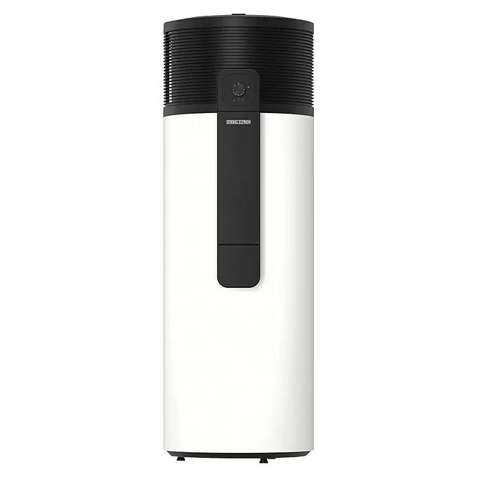 Stiebel Eltron Warmwasser-Wärmepumpe WWK-I 300 W Plus - Heizleistung: 1,845 W, Fassungsvermögen: 294 l - Weißer und schwarzer zylindrischer Wärmepumpen-Warmwasserspeicher mit Bedienfeld und Stiebel Eltron Logo.