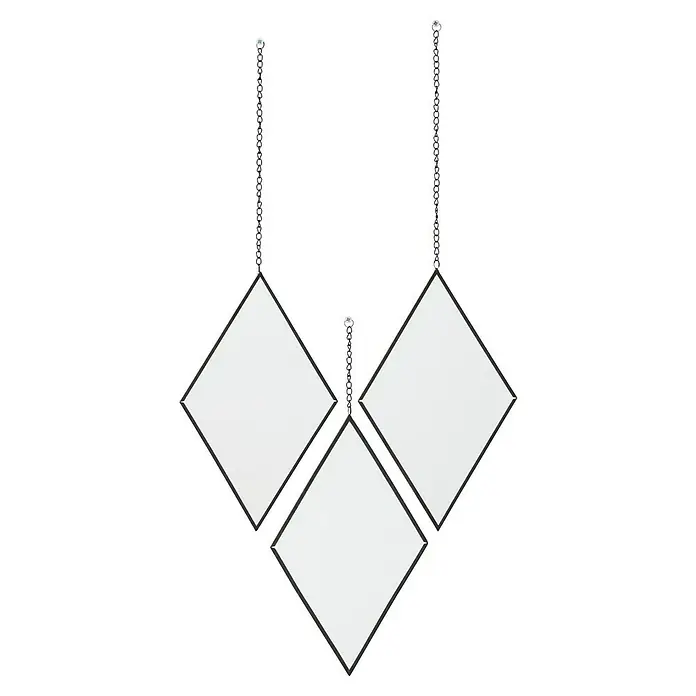 Espejo de pared Diamante Set de 3 uds - 17 x 28 cm, Negro - Tres espejos cuadrados con bordes negros cuelgan de cadenas. Esta elegante decoración de pared encaja bien en los espacios de vida modernos.