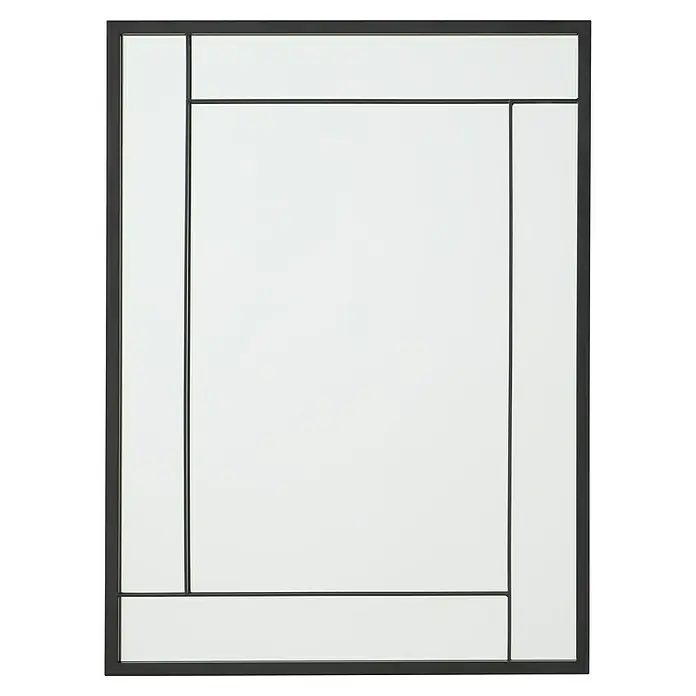 Espejo de pared Sono - 70 x 95 cm, Negro - Primer plano de un espejo rectangular con marco negro y secciones rectangulares, mostrando un diseño elegante y moderno.