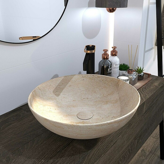 Nasadni umivaonik Concepto Bell Traverti  (Promjer: 40 cm, Bez preljeva, Bež) | BAUHAUS