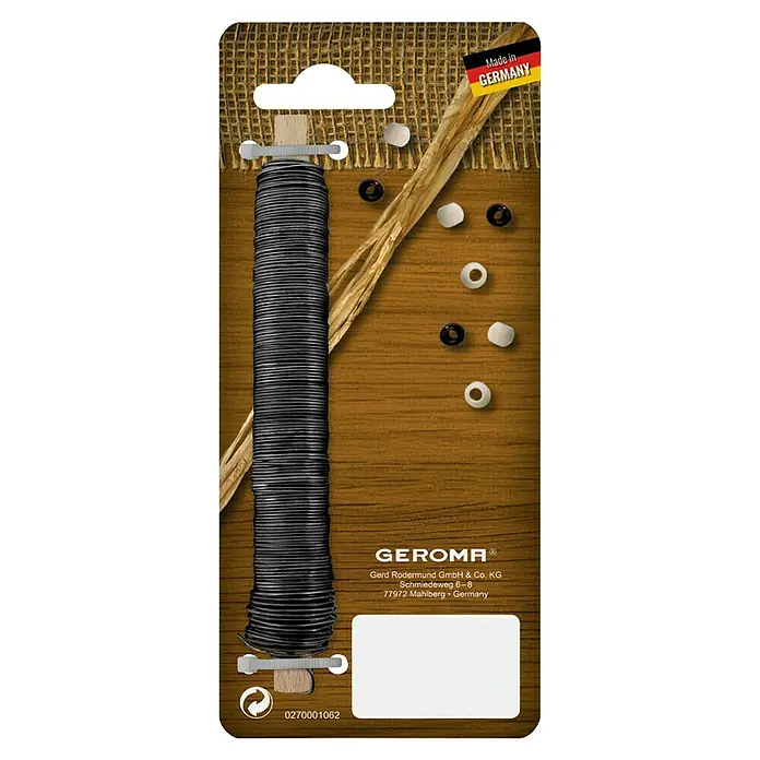 Wickeldraht - Blau - Nahaufnahme einer GEROMA®-Produktverpackung, die schwarze Schnur, Holzelemente und den "Made in Germany"-Hinweis zeigt.