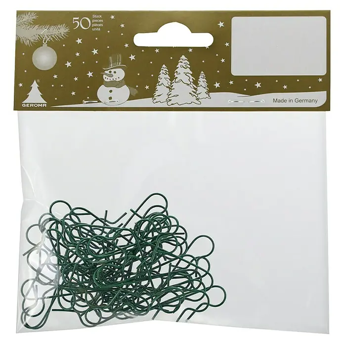 Drahtaufhänger - 12 x 12,5 cm, Metall, 50 Stk., Grün - Bild einer Packung mit 50 grünen Christbaumkugelaufhängern von Geroma, ideal zum Aufhängen von Weihnachtskugeln.