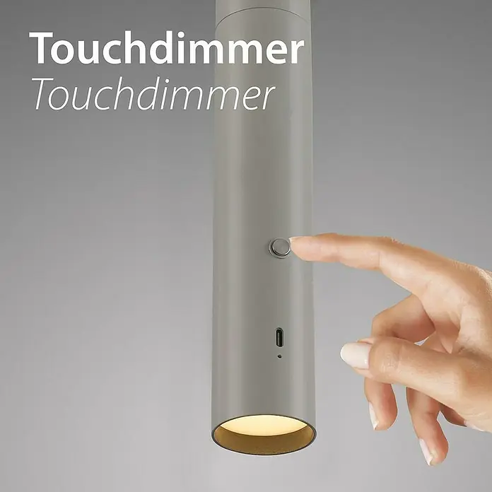 Just Light Lámpara colgante de batería Attach - Gris - Primer plano de una luminaria con atenuador táctil en gris, accionada por un dedo.