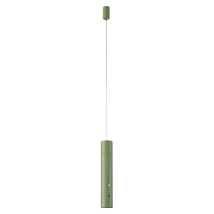 Just Light Lámpara colgante de batería Attach - Verde - Un calentador de patio verde oliva con un poste plateado y una superficie de calentamiento redonda para uso en exteriores.