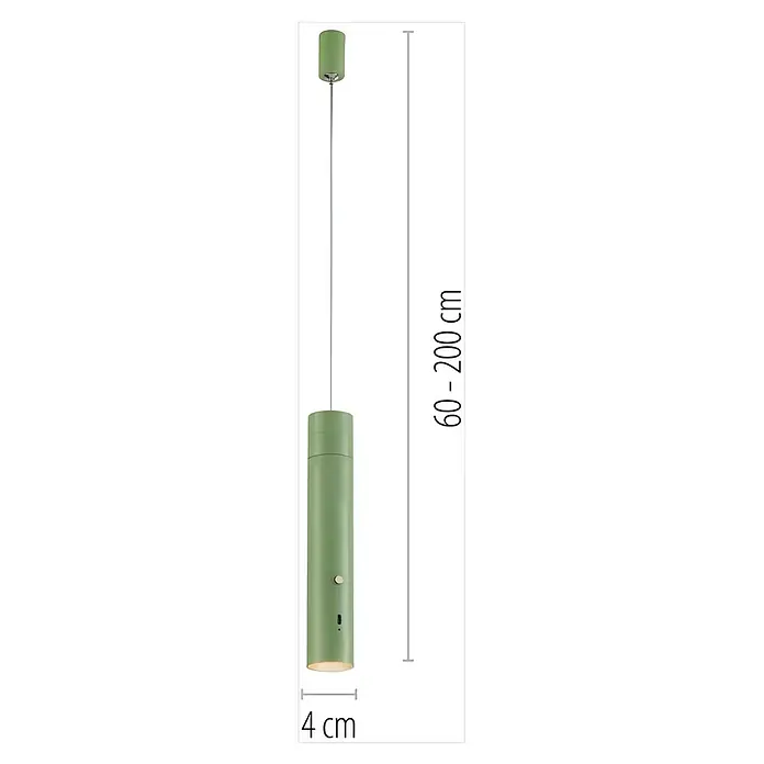Just Light Lámpara colgante de batería Attach - Verde - Esta imagen muestra una lámpara colgante verde, que mide 4 cm de diámetro con una altura ajustable de 60-200 cm.