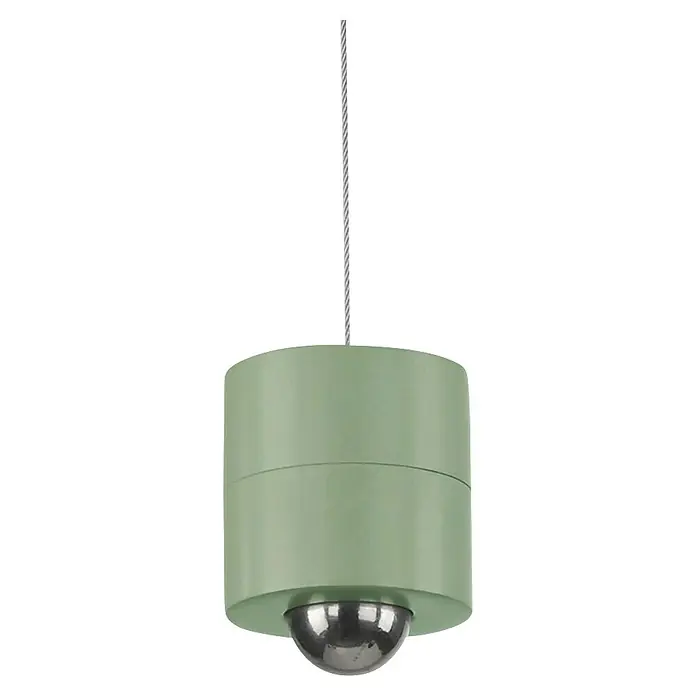 Just Light Lámpara colgante de batería Attach - Verde - Una lámpara colgante verde moderna con forma redonda y un detalle plateado en la parte inferior, suspendida de un cable.
