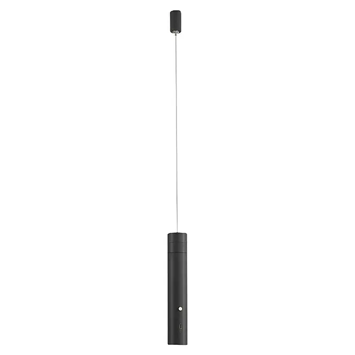 Just Light Lámpara colgante de batería Attach - Negro - Imagen de un calentador de patio elegante y moderno con una base cilíndrica y un soporte esbelto y retorcido.