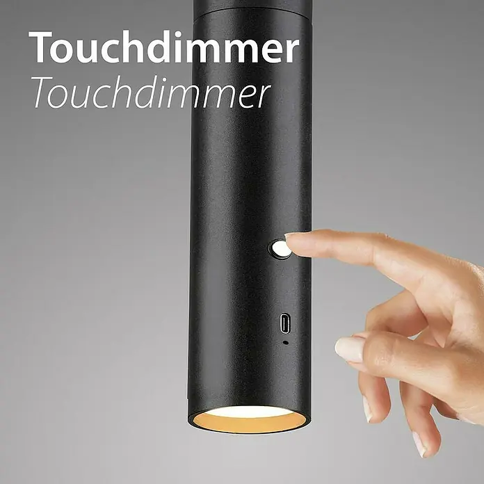 Just Light LED-Akku-Pendelleuchte Attach - 3 W, Schwarz, Warmweiß - Berührungssensor-Dimmer in schlankem, schwarzem Design mit Finger, der ihn berührt, für eine einfache Lichtsteuerung.