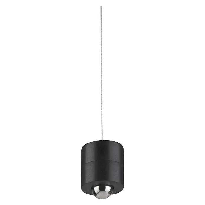 Just Light Lámpara colgante de batería Attach - Negro - La imagen muestra una unidad de transferencia de bolas con base negra y esfera plateada. El producto tiene un diseño minimalista y funcional.