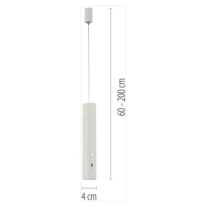 Just Light Lámpara colgante de batería Attach - Blanco - Imagen de una lámpara colgante blanca, dimensiones: 4 cm de diámetro, 60-200 cm de altura.