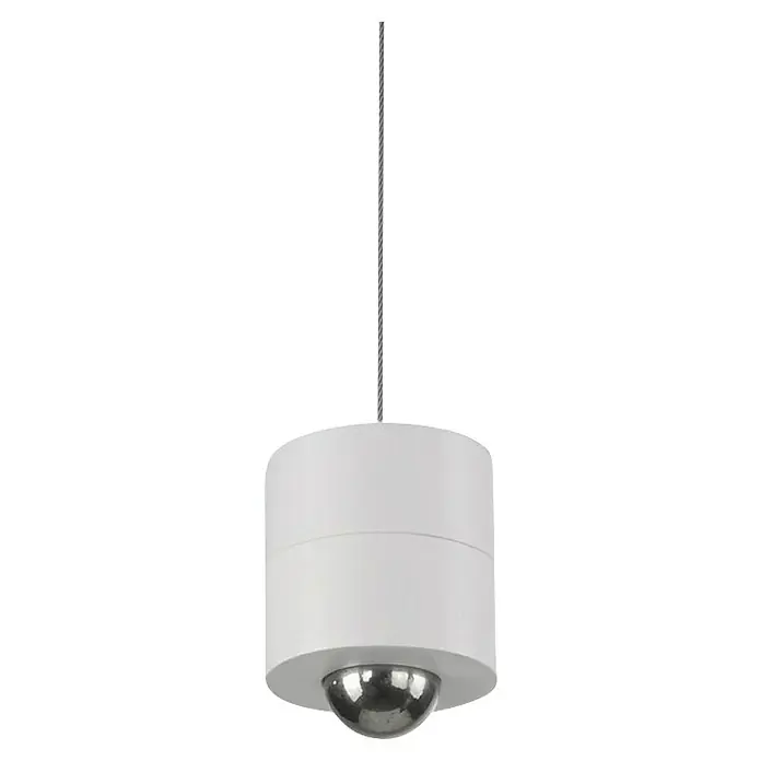 Just Light Lámpara colgante de batería Attach - Blanco - Primer plano de una lámpara colgante redonda blanca con cúpula plateada y colgador de cable gris sobre fondo negro.