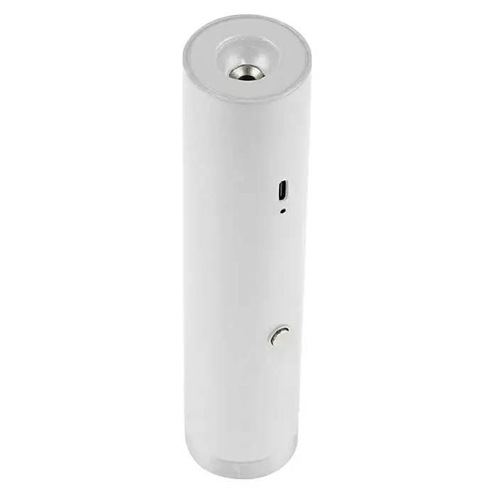 Just Light Lámpara colgante de batería Attach - Blanco - El producto es un humidificador cilíndrico blanco con detalles plateados, un puerto USB y un botón de control.