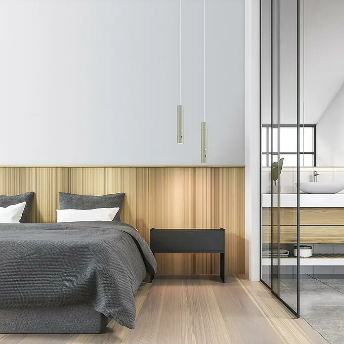 Just Light Lámpara colgante de batería Attach - Gris - Dormitorio moderno con colcha gris y dos lámparas colgantes cilíndricas sobre la mesita de noche, creando un ambiente relajante.