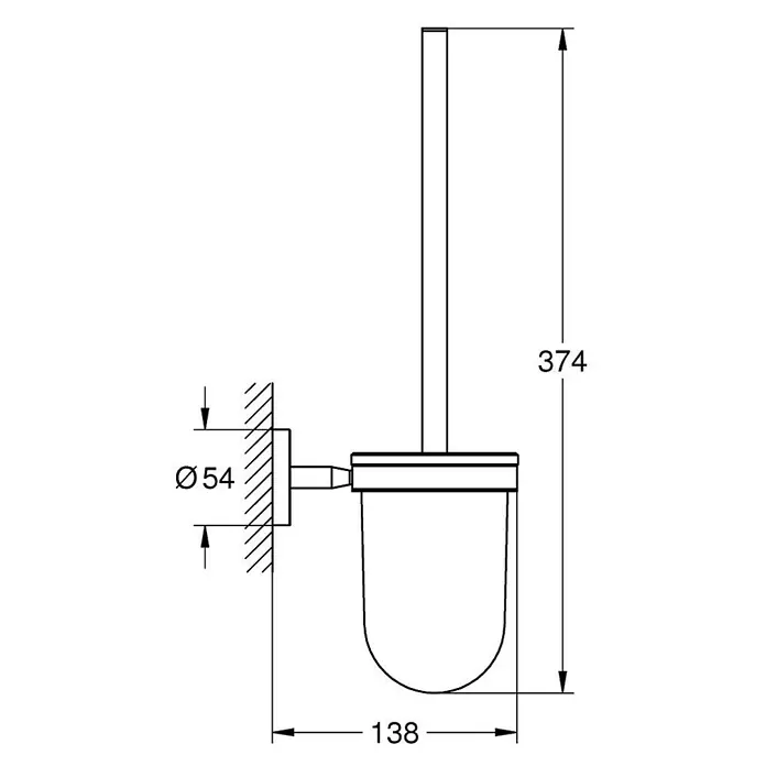 Grohe Bau Cosmopolitan WC-Bürstengarnitur - Mit Halterung, Metall, Chrom - Technische Zeichnung einer Toilettenbürstengarnitur mit Wandhalterung, Maße Ø54, 138 und 374 mm.