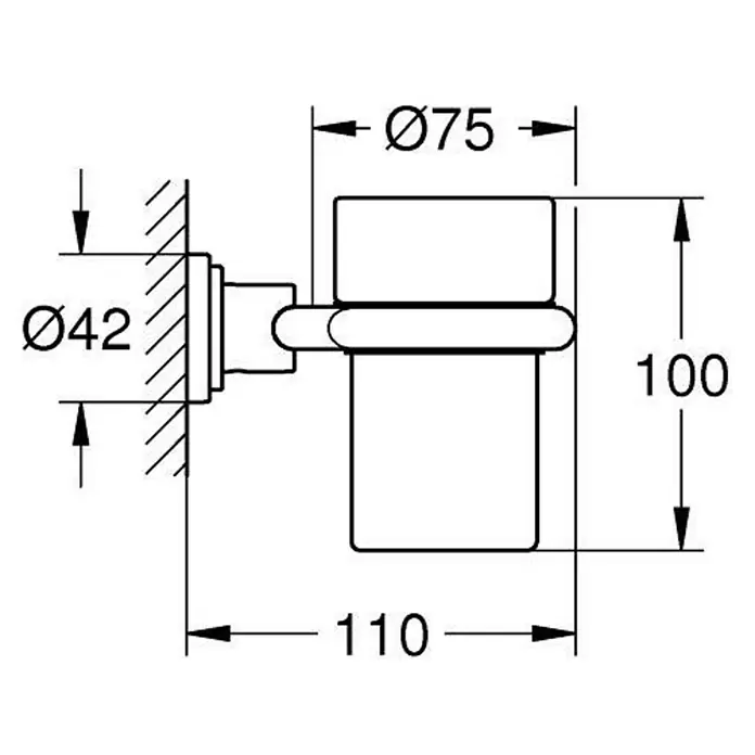 Grohe Zahnputzglas - Durchmesser: 62 mm, Kristallglas - Technische Zeichnung eines Zahnputzbecherhalters mit Maßangaben.