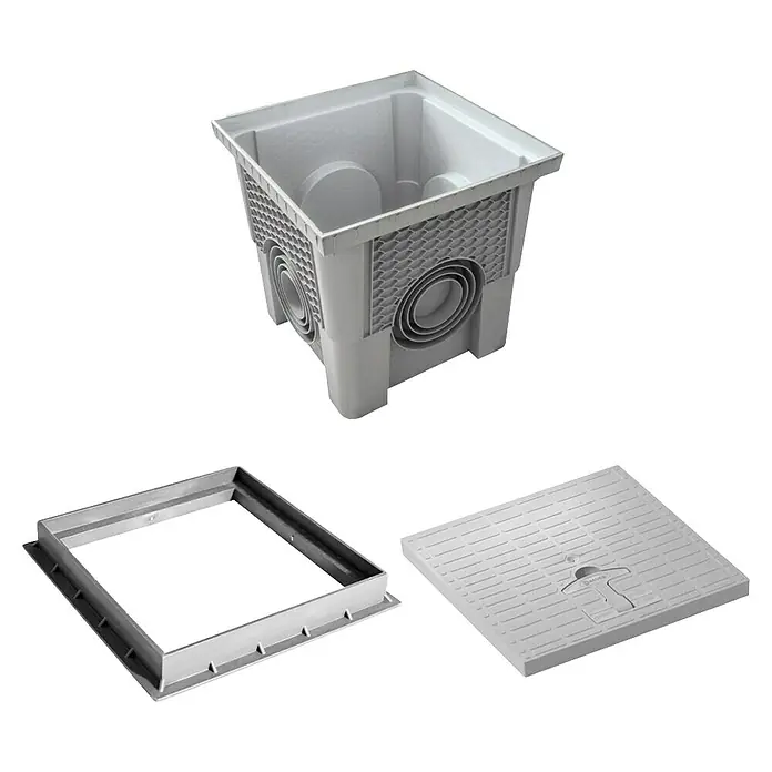 Dakota Arqueta con marco y tapa Smart 3 piezas - 30 x 30 x 30 cm - Un pozo de drenaje gris claro con marco y tapa, que ofrece soluciones de drenaje para áreas exteriores.