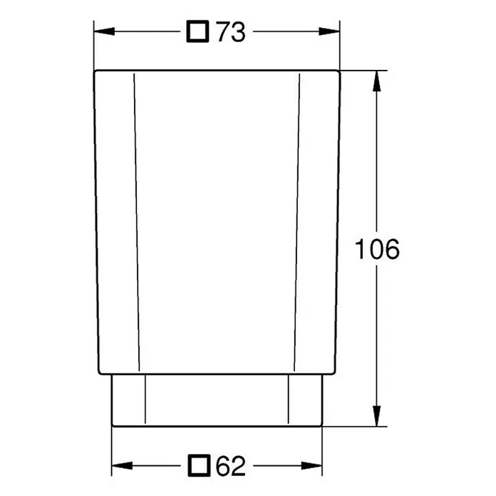 Grohe Selection Cube Zahnputzglas - Durchmesser: 73 mm, Glas - Technische Zeichnung eines rechteckigen Produkts mit den Maßen 73 mm Breite, 106 mm Höhe und 62 mm Basisbreite.