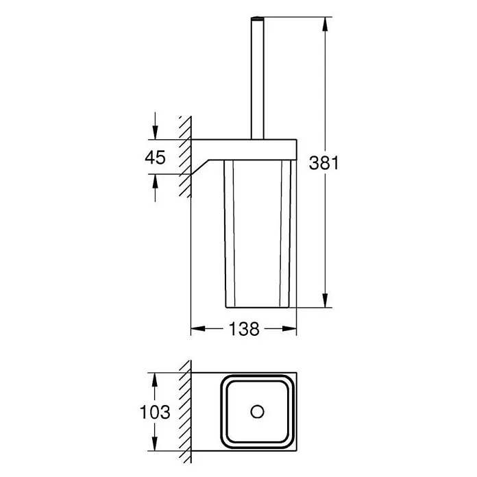 Grohe Selection Cube WC-Bürstengarnitur - Metall, Chrom - Technische Zeichnung einer WC-Bürstengarnitur zur Wandmontage mit Maßangaben zu Höhe, Breite und Tiefe.