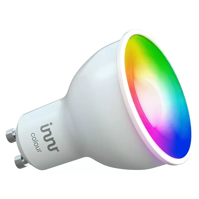 Innr Lighting Smart-LED-Lampe Spot Colour - GU10, Dimmbar, RGBW, 400 lm, 4,8 W, 1 Stk. - Weiße Innr Colour Smart LED GU10 Lampe mit leuchtendem Regenbogenlicht und Metallstiften.